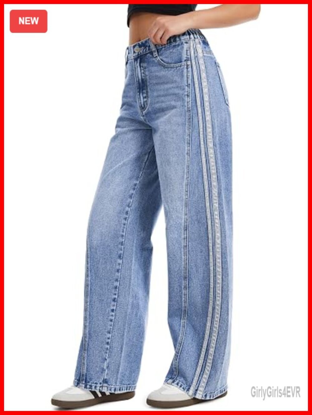 Wide Leg Denim Pants Side Stripe Mid-Rise Baggy Loose Trousers Non-Stretch